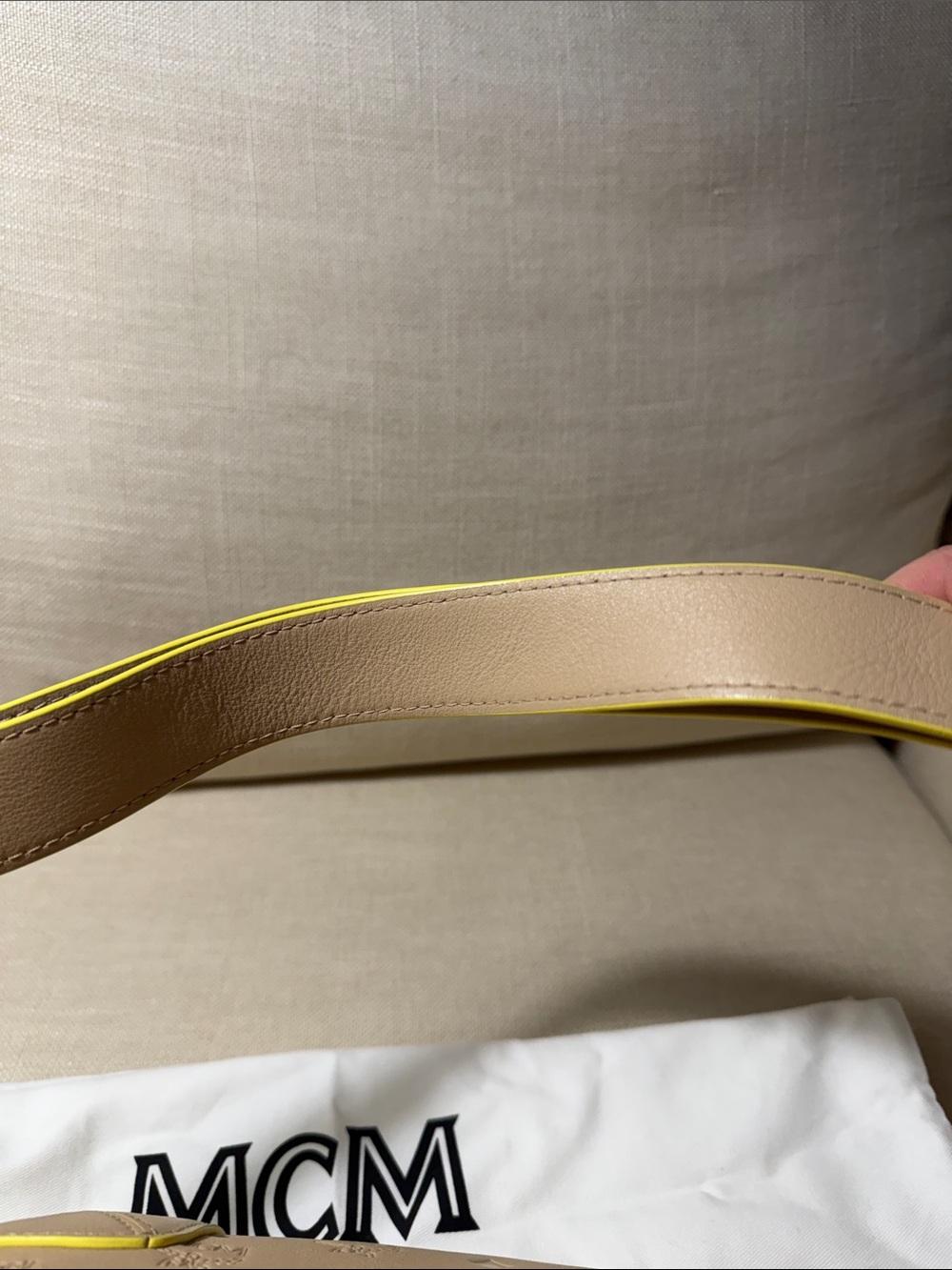 MCM Taupe Leather Shoulder Bag with Yellow Trim - Picture 4 of 10